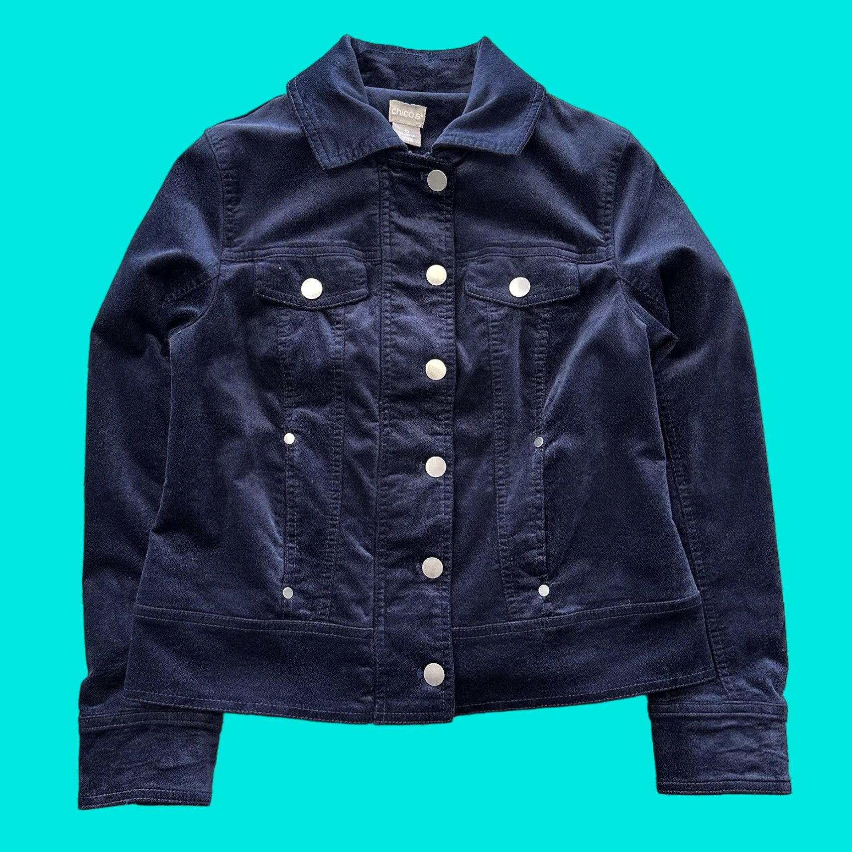 Vintage Chicos Jacket Womens 0 US Size 4/6 Velveteen Navy Full Zip - Blue - Winter, Spring, Fall - Regular Fit - Biker Style - Polyester Softshell Jacket Size XS / US 0-2 / IT 36-38 - 1 Thumbnail