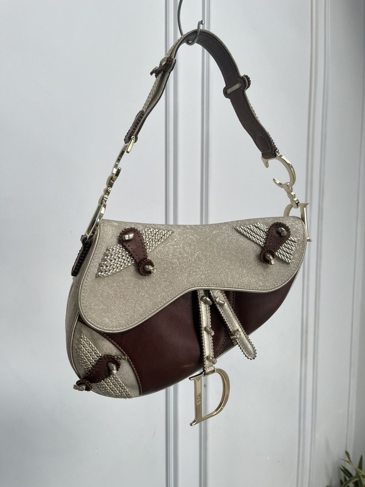 Dior Dior Brown Gold Leather & Fabric Saddle Bag Size ONE SIZE - 3 Thumbnail