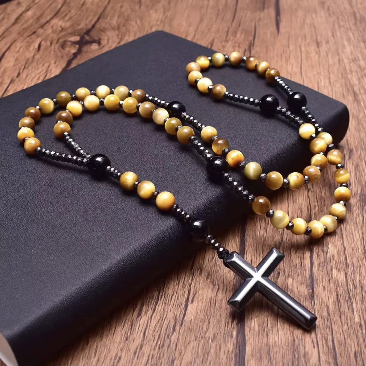 Jewelry Natural Tiger Eye Stone Catholic Christ Necklace Size ONE SIZE - 1 Thumbnail