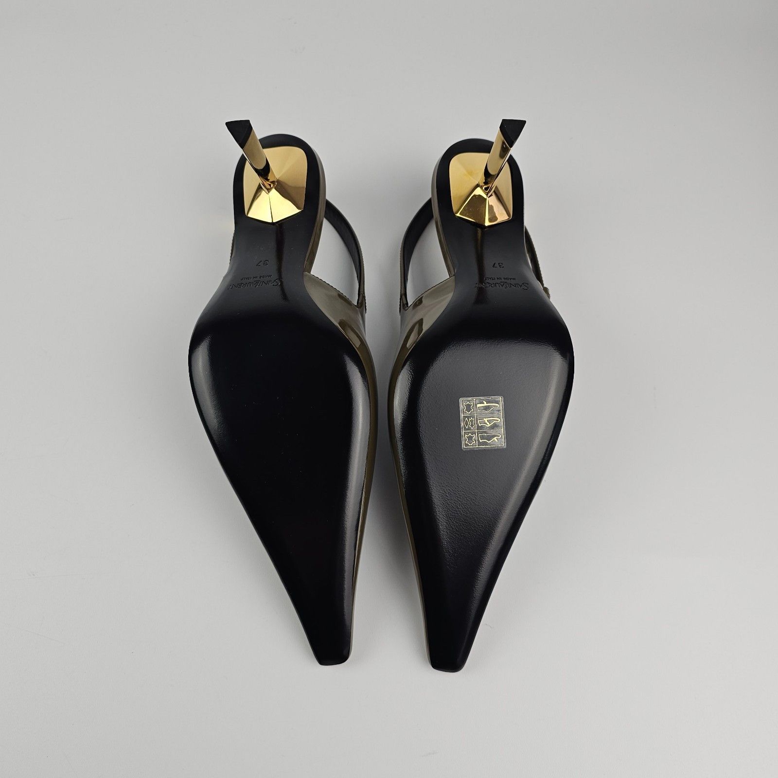 SAINT LAURENT Lee $1250 Kaki Patent Leather 75mm Slingback P