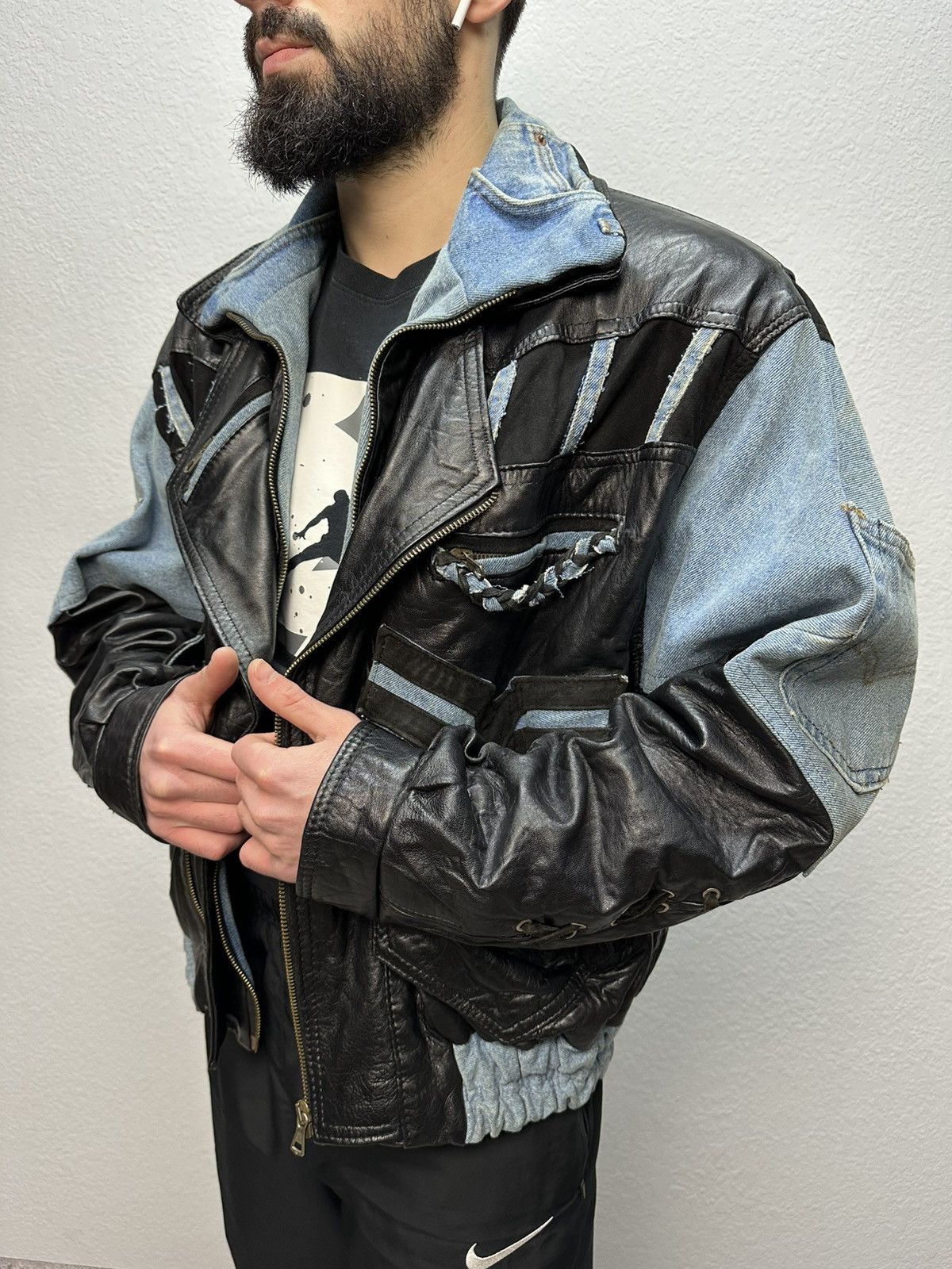 Vintage Vintage Junya Watanabe Style Leather Denim Jacket Rick Owens Size US L / EU 52-54 / 3 - 3 Thumbnail