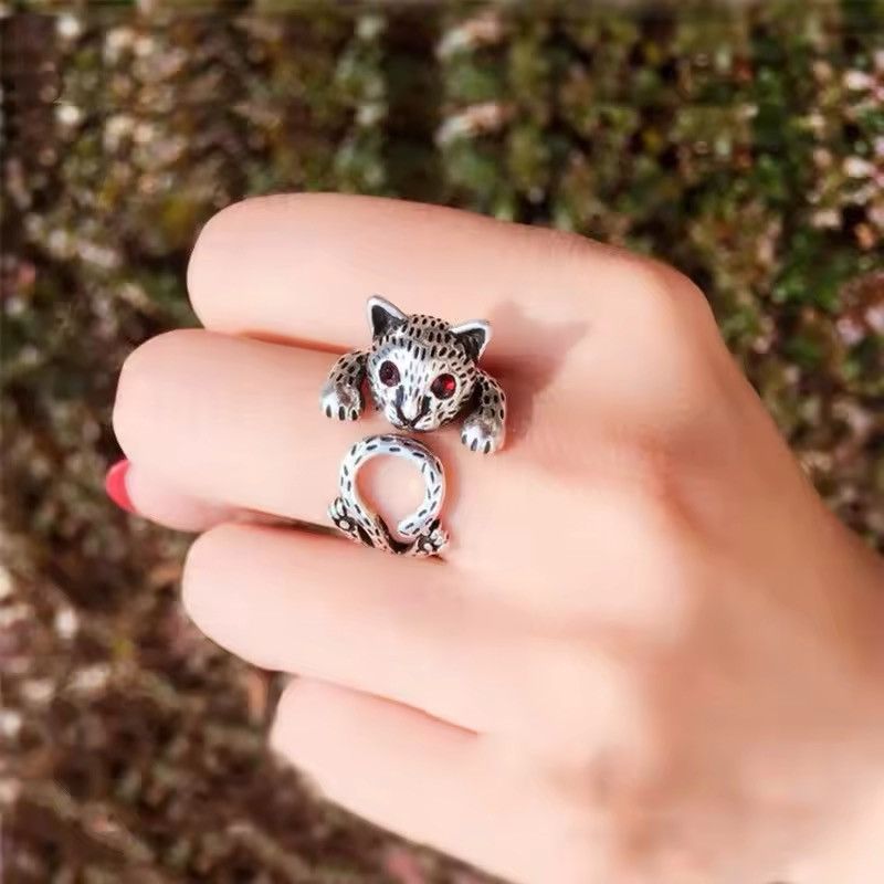 Japanese Brand Silver Color Red Zircon Cat Open Ring Size ONE SIZE - 3 Thumbnail