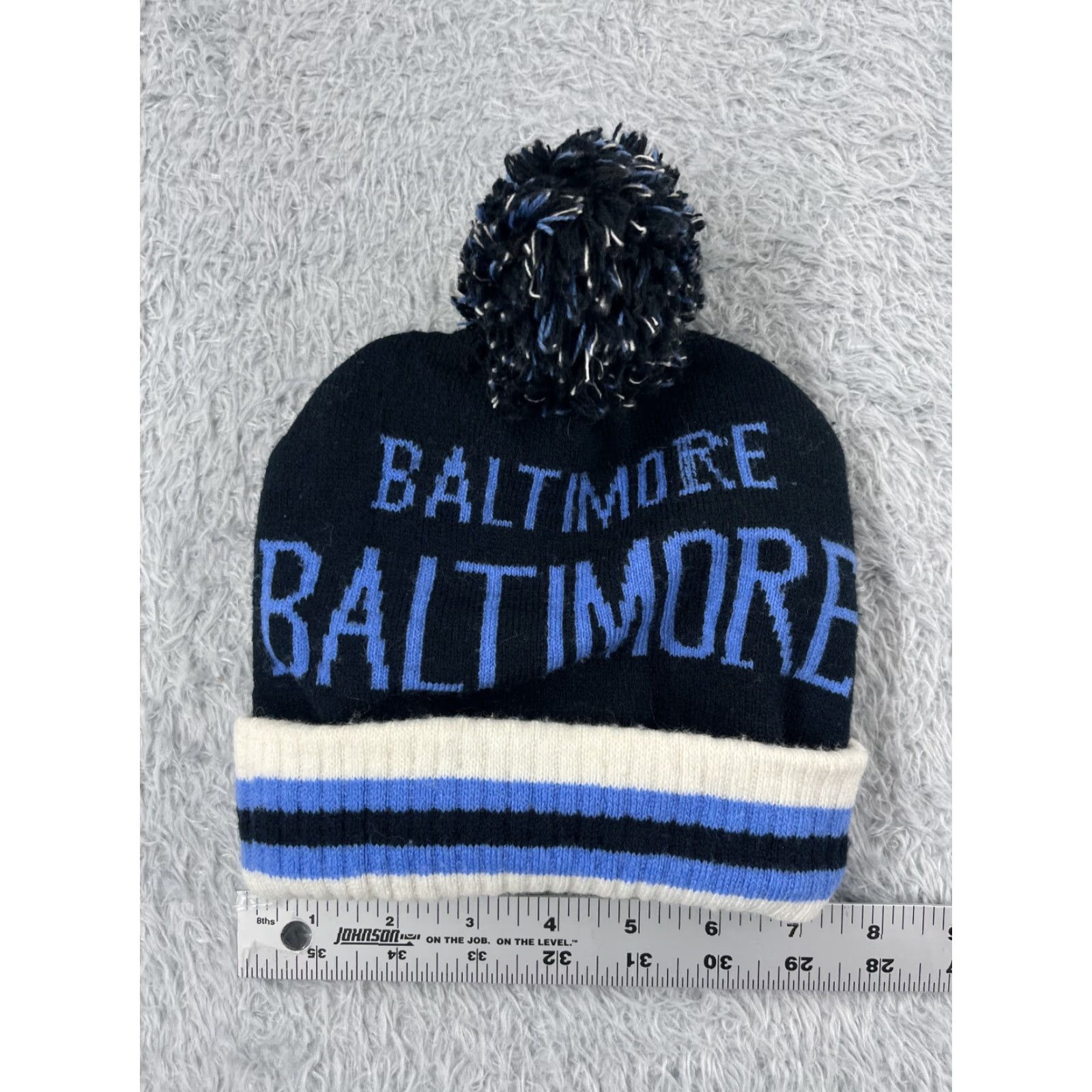 Vintage Baltimore Beanie Toque Adult One Size Blue White Stripe Knit Acrylic Ski Pom Beanie Mens Winter Size ONE SIZE - 5 Thumbnail
