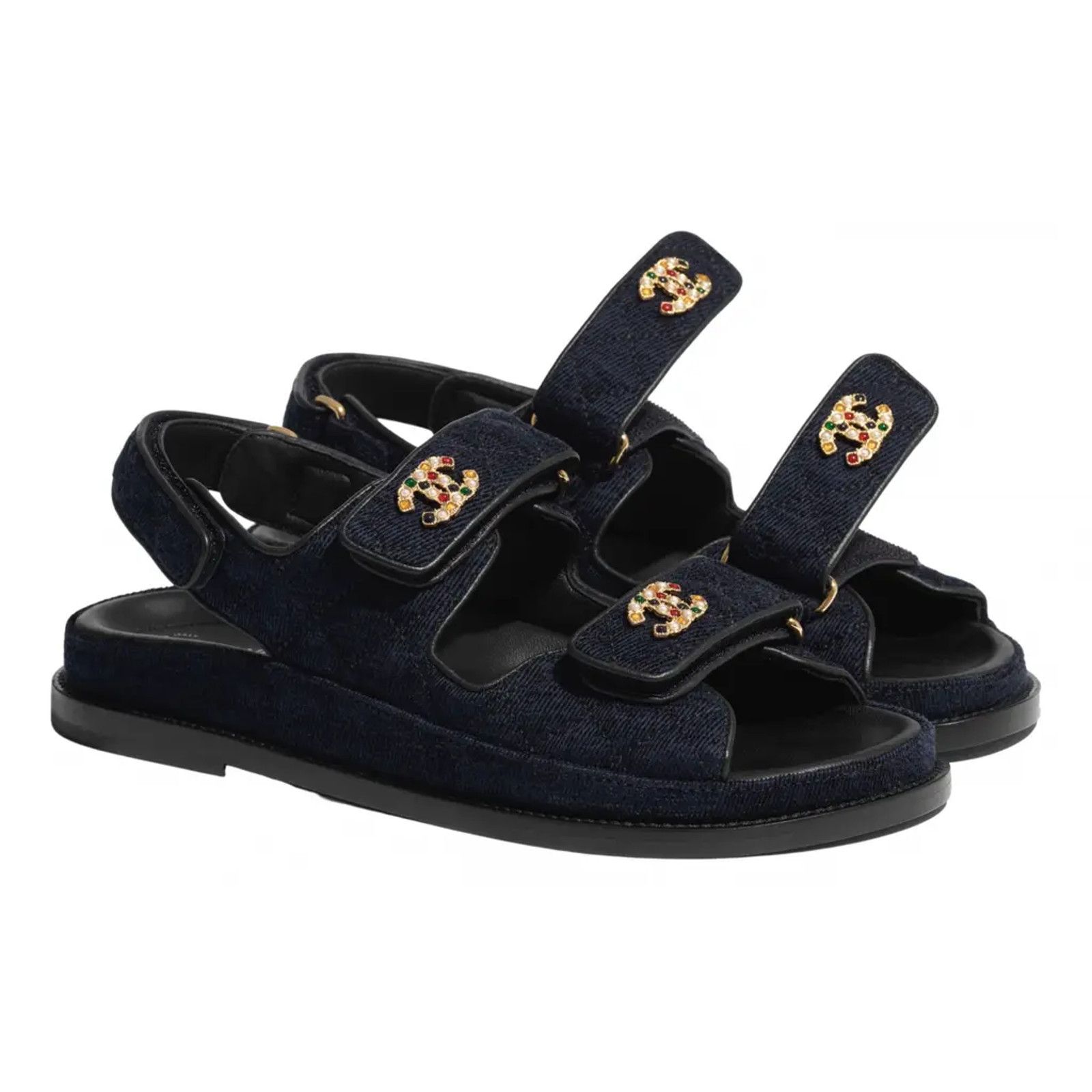 Chanel 21A Blue Velvet Denim CC Logo Mule Slide Strap