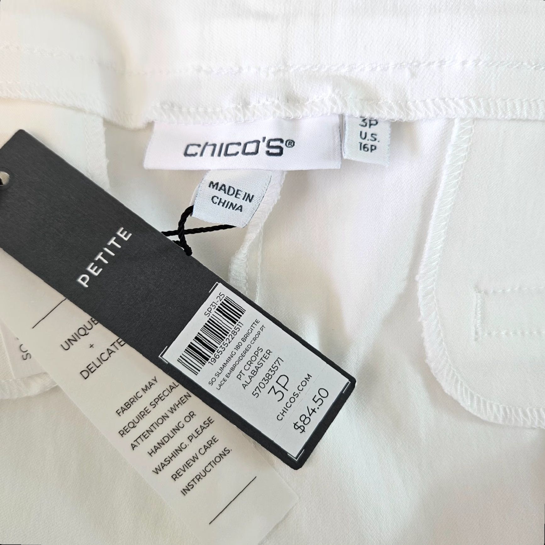 Vintage Chico's Womens Brigitte Slim Leg Crop Pants XL Petite White Blue Embroidered Cropped Pant Adult Womens White Embroidered Size 40" / US 18 - 8 Thumbnail