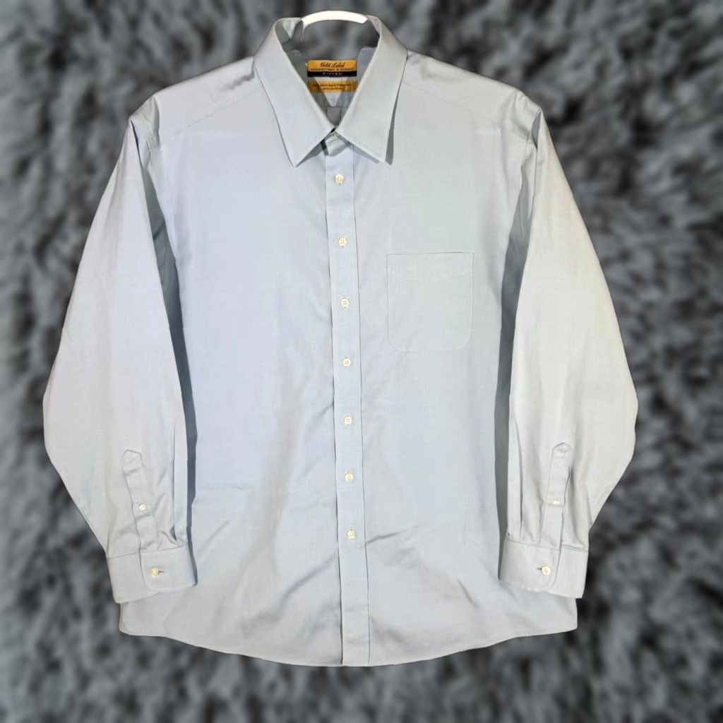 Vintage Gold Label Dress Shirt Men Blue 17.5×35 Long Sleeve Button-Down Fitted 100% Cotton Formal Shirt Mens Regular Neck 17.5 in Vintage No Size 48R - 1 Thumbnail