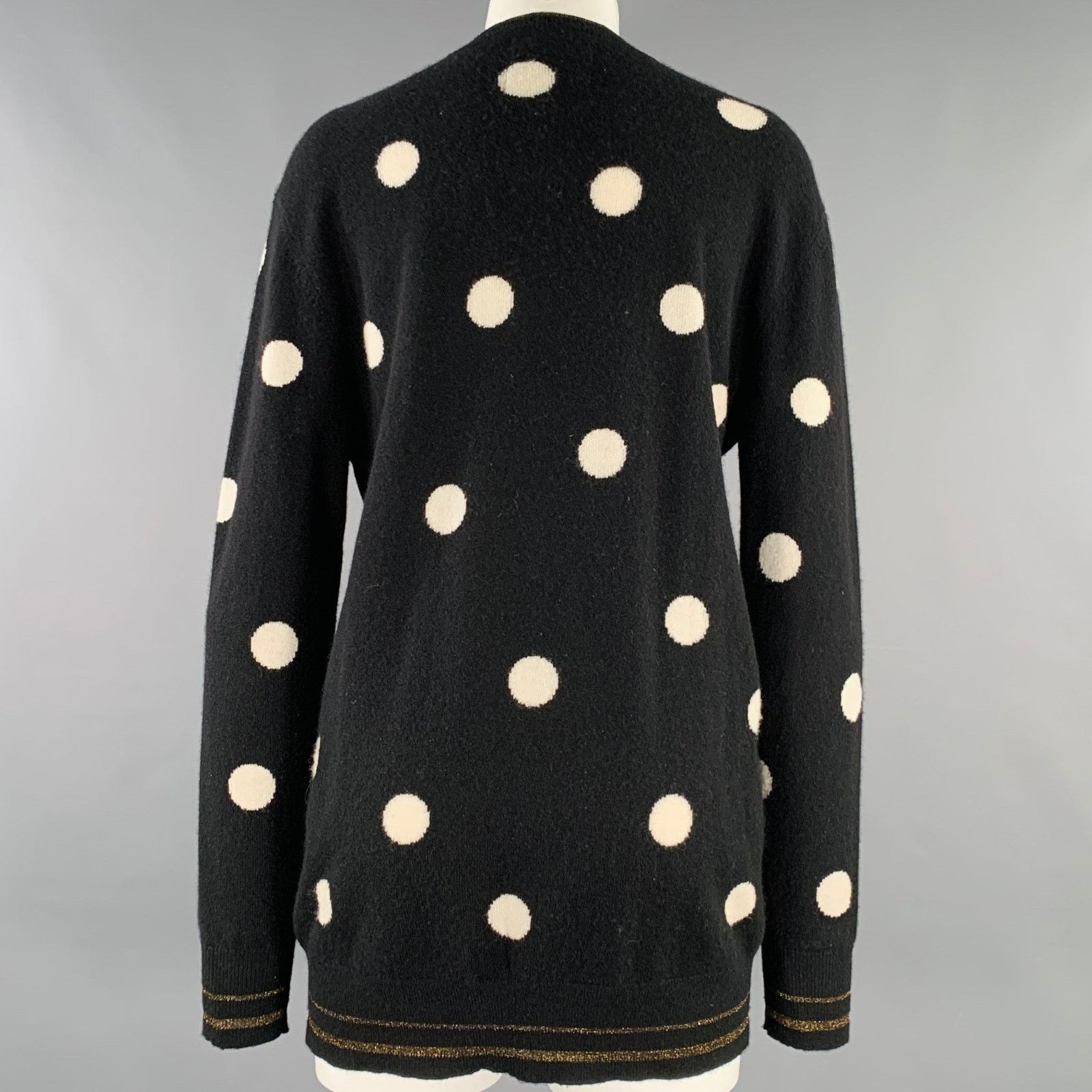 Le Superbe S Black White Wool Cashmere Polka Dot V-Neck Cardigan Size S / US 4 / IT 40 - 3 Thumbnail