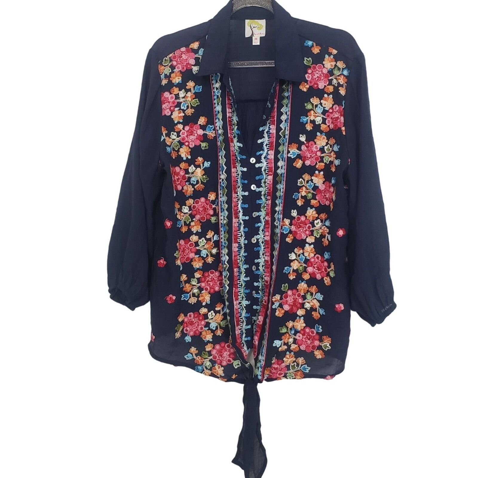 Designer Fig & Flower Emboidered Shirt Womens Size Medium Blue Floral Size M / US 6-8 / IT 42-44 - 2 Thumbnail