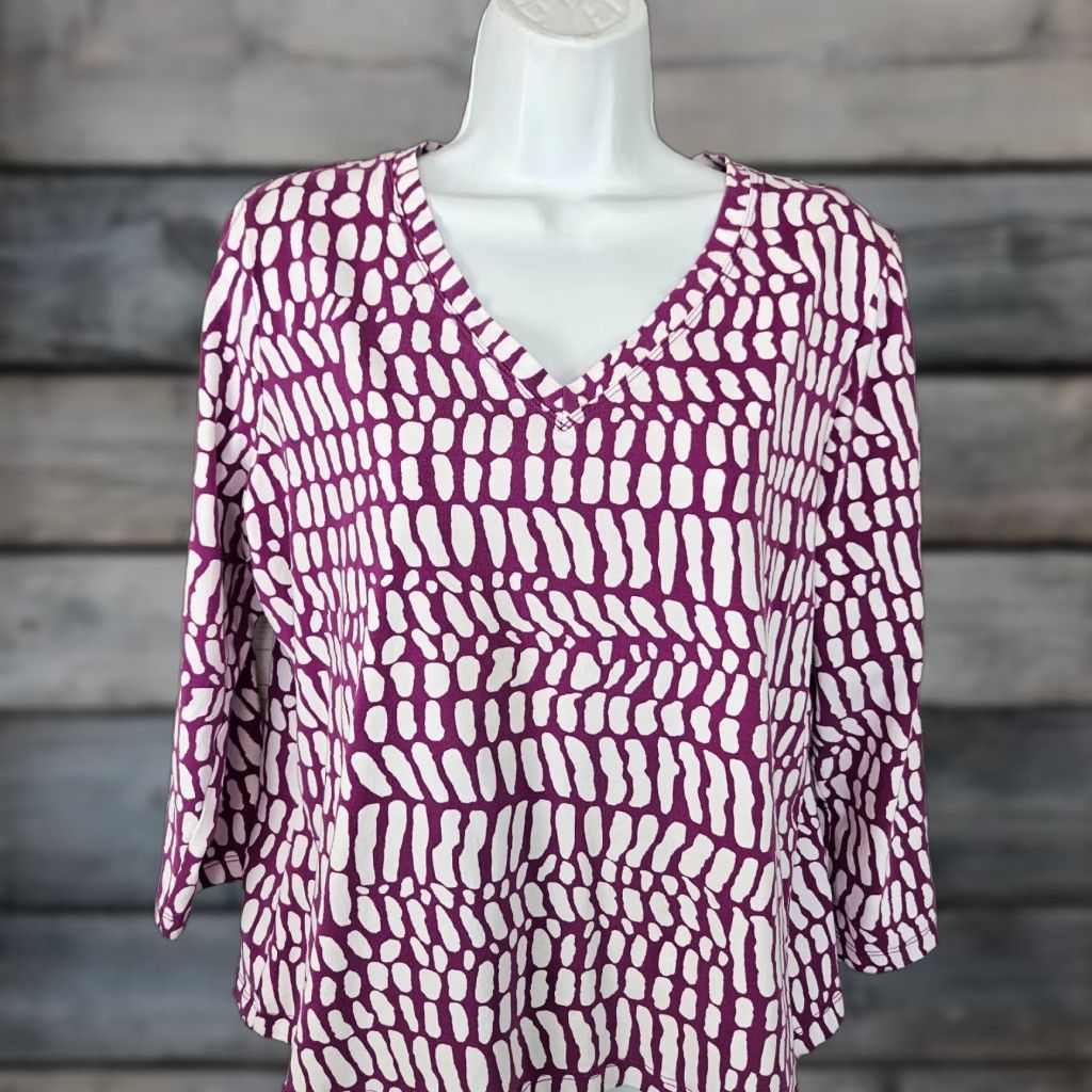 Vintage Chico's Top Womens L Purple White 3/4 Sleeve V-Neck Cotton Blend Shirt Womens Size L / US 10 / IT 46 - 1 Thumbnail