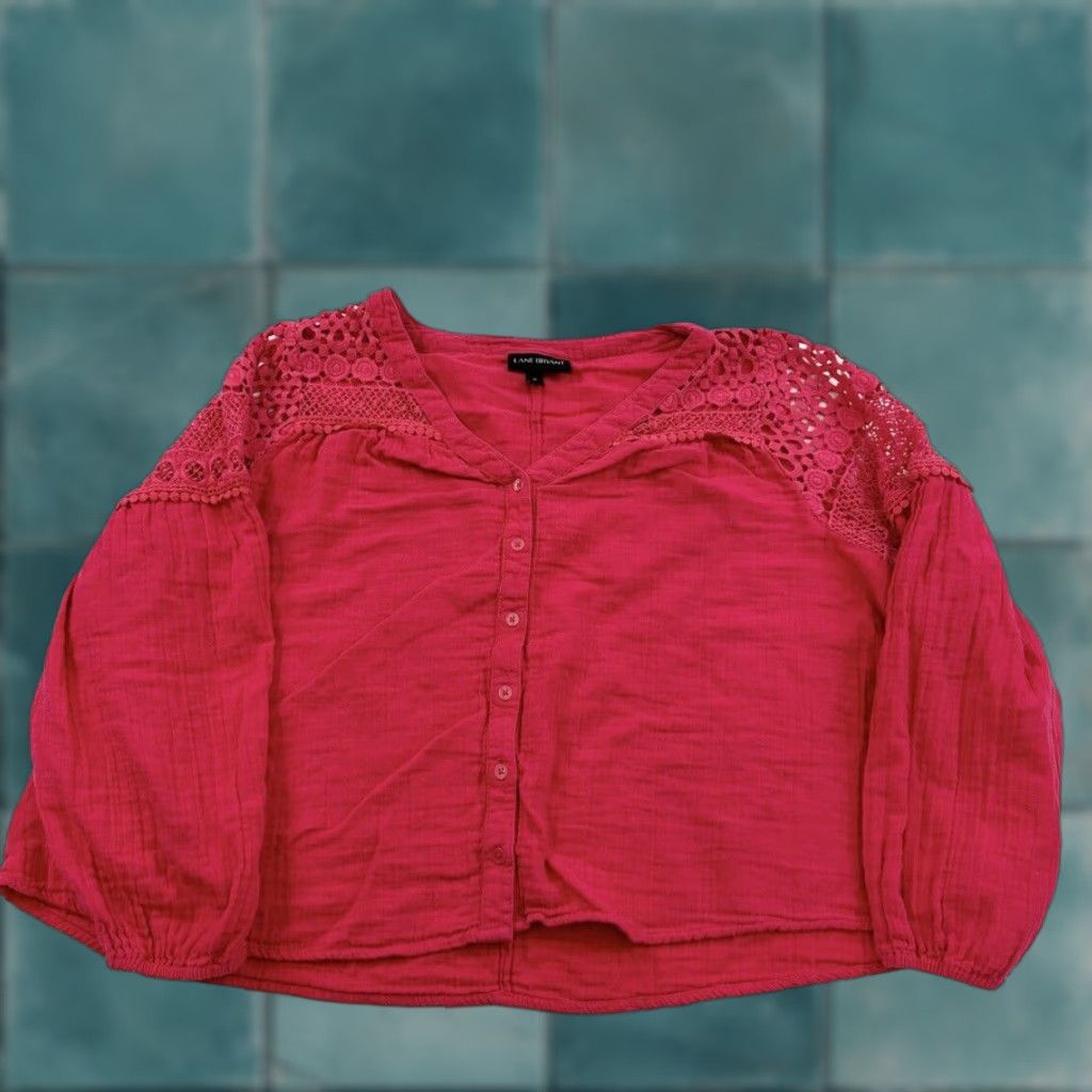 Vintage Lane Bryant Top Women’s Plus Size 26 Pink Long Sleeve Crochet Blouse Size 4XL / US 24-26 - 1 Thumbnail