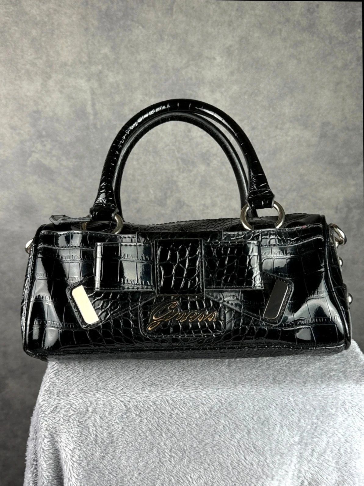 Guess Guess Patent Croc Handbag Black Bow Coquette Size ONE SIZE - 1 Thumbnail