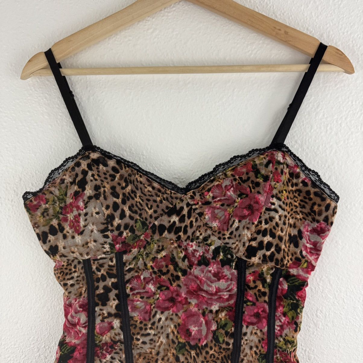 Other Vintage Y2K Tan Pink Leopard Rose Corset Mesh Cami Tank Top Size L / US 10 / IT 46 - 4 Thumbnail