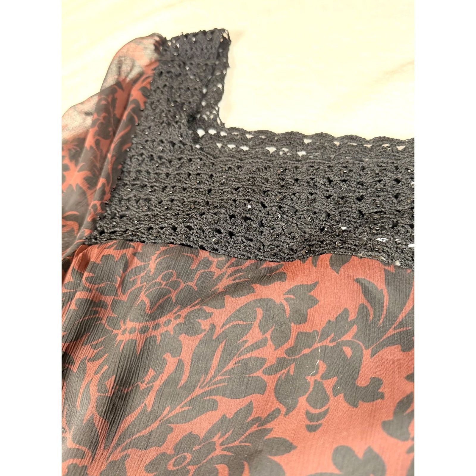 Vintage Vertigo Paris Womens M Brown Floral Chiffon Crochet Shift Knee Length Size M / US 6-8 / IT 42-44 - 4 Thumbnail