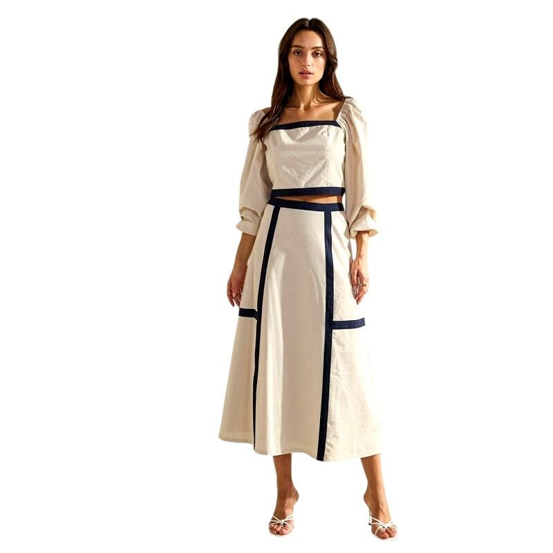 ABLE ABLE Sand Navy Contrast Trim Square Neck Top Midi Skirt Set Size 30" / US 8 / IT 44 - 1 Thumbnail