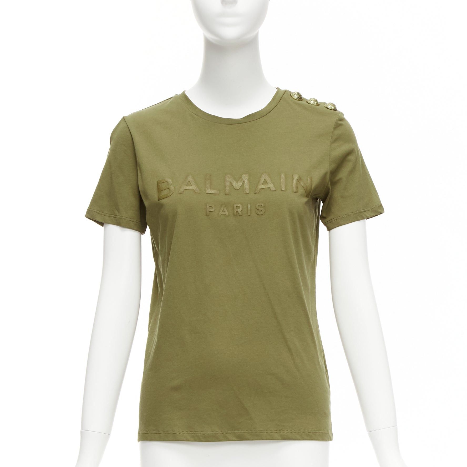 image of Balmain Green Brown Distressed Logo Military Buttons Tshirt Xs, Women's (Size Small)