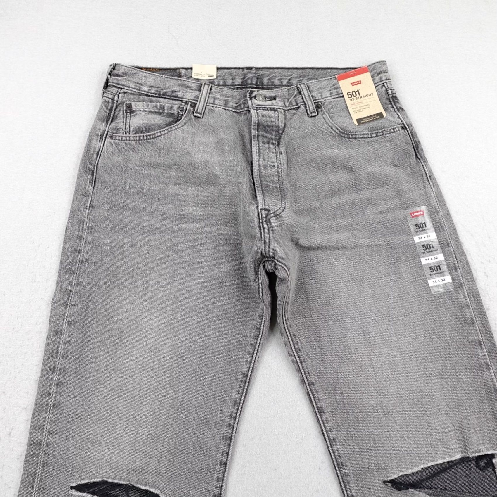 Levi's Levis Jeans Mens 34x32 Gray Denim 501 93 Straight Button Fly Distressed NEW Size US 34 / EU 50 - 2 Thumbnail