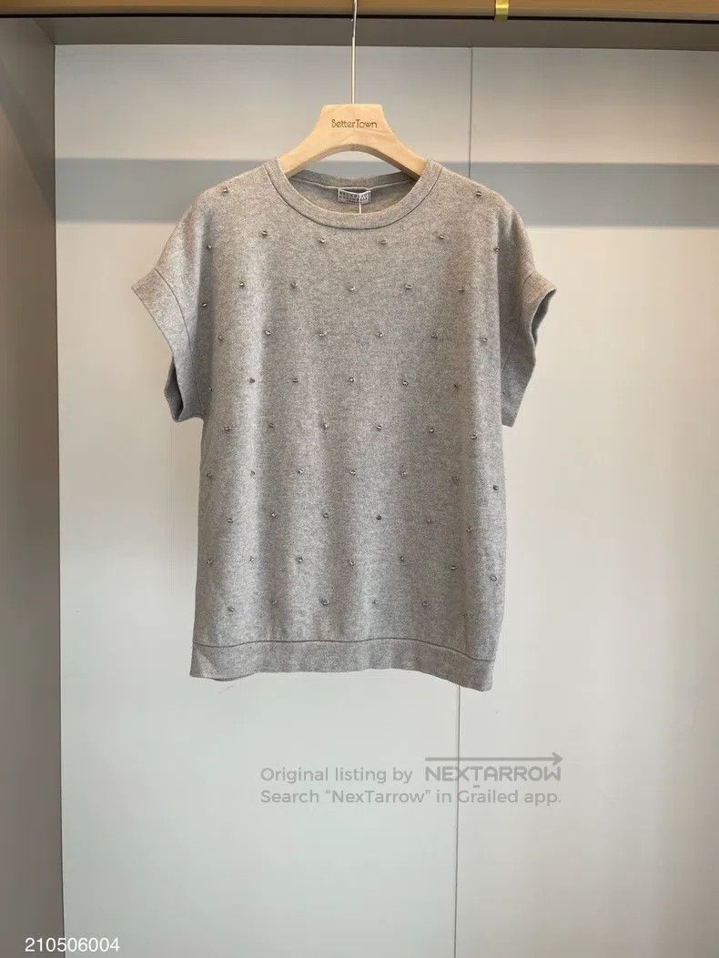 Brunello Cucinelli Brunello Cucinelli Light grey cashmere studded short-sleev Size M / US 6-8 / IT 42-44 - 1 Thumbnail