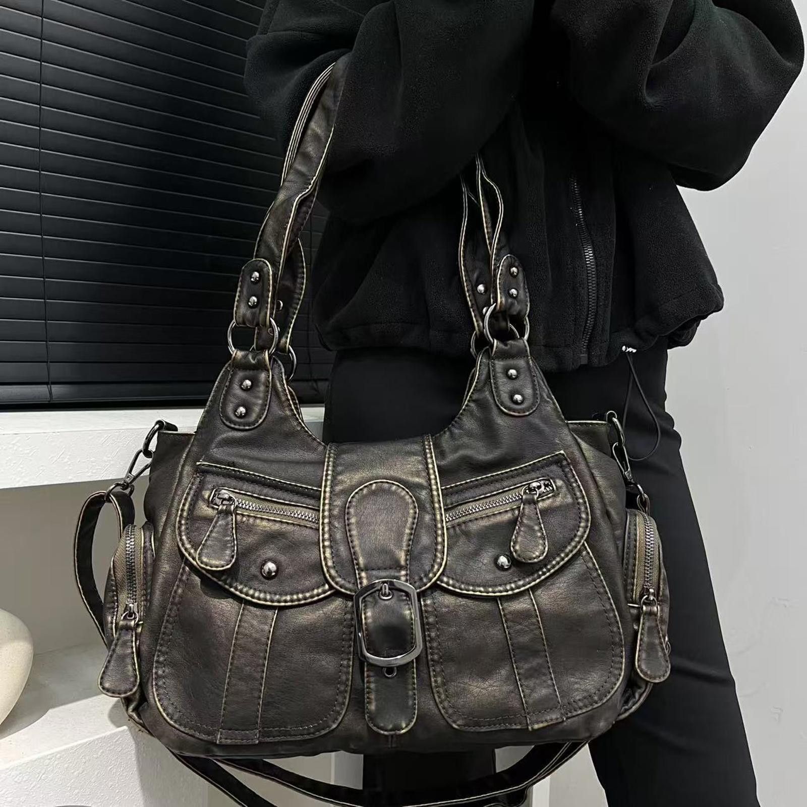 Vintage Black Vintage Style Buckled Leather Handbag, Shoulder Bag Size ONE SIZE - 3 Thumbnail