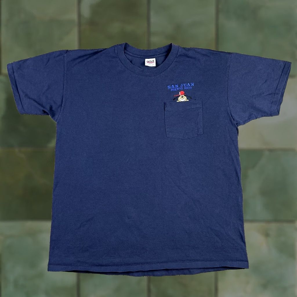 Anvil VINTAGE San Juan Puerto Rico T-Shirt XL Selvedge Pocket Single Stitch 90s Anvil Crew Neck Blue 100% Cotton USA Men Size US XL / EU 56 / 4 - 1 Thumbnail