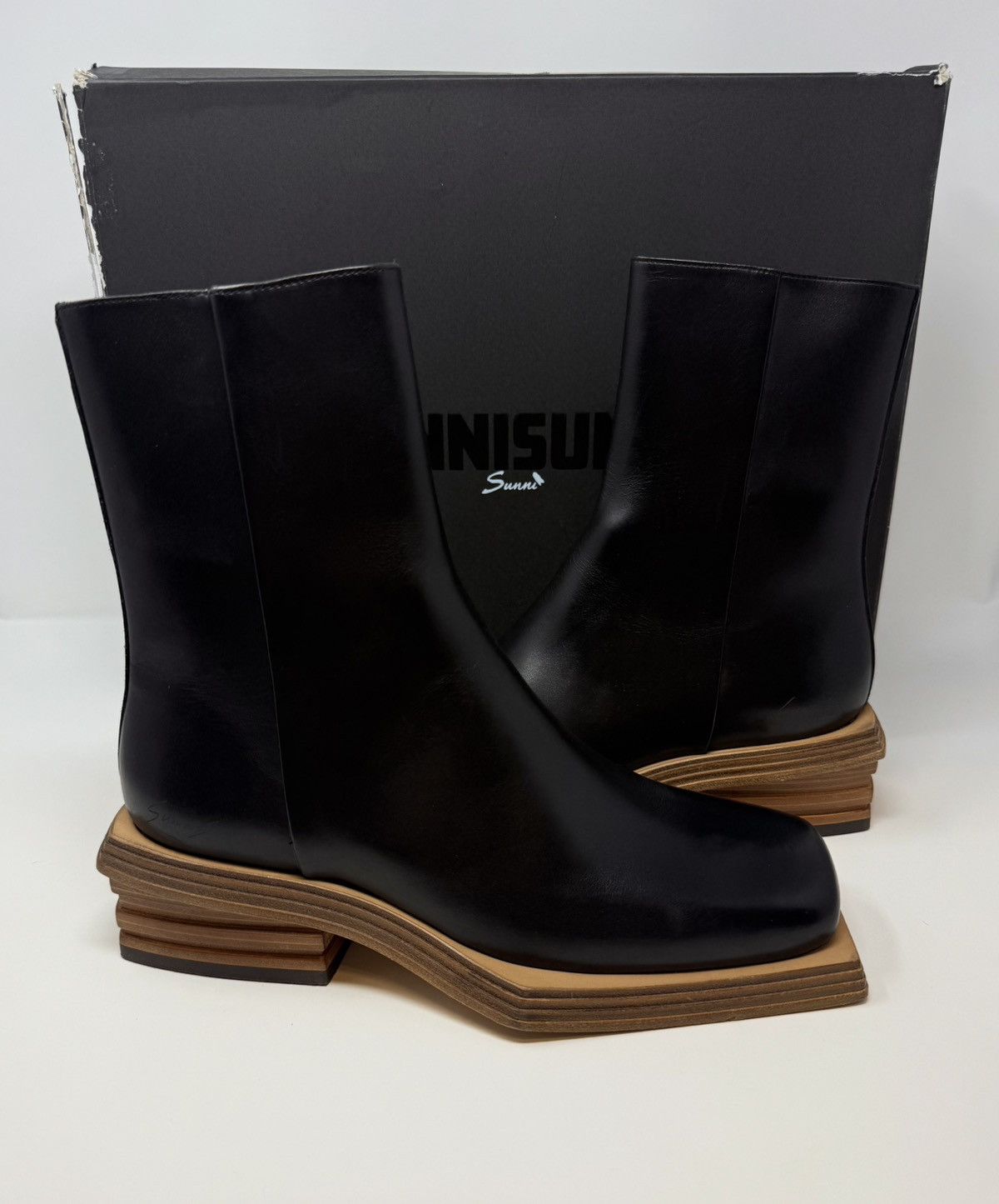 Sunni Sunni Stacked Heel Black Leather Boots display picture 1