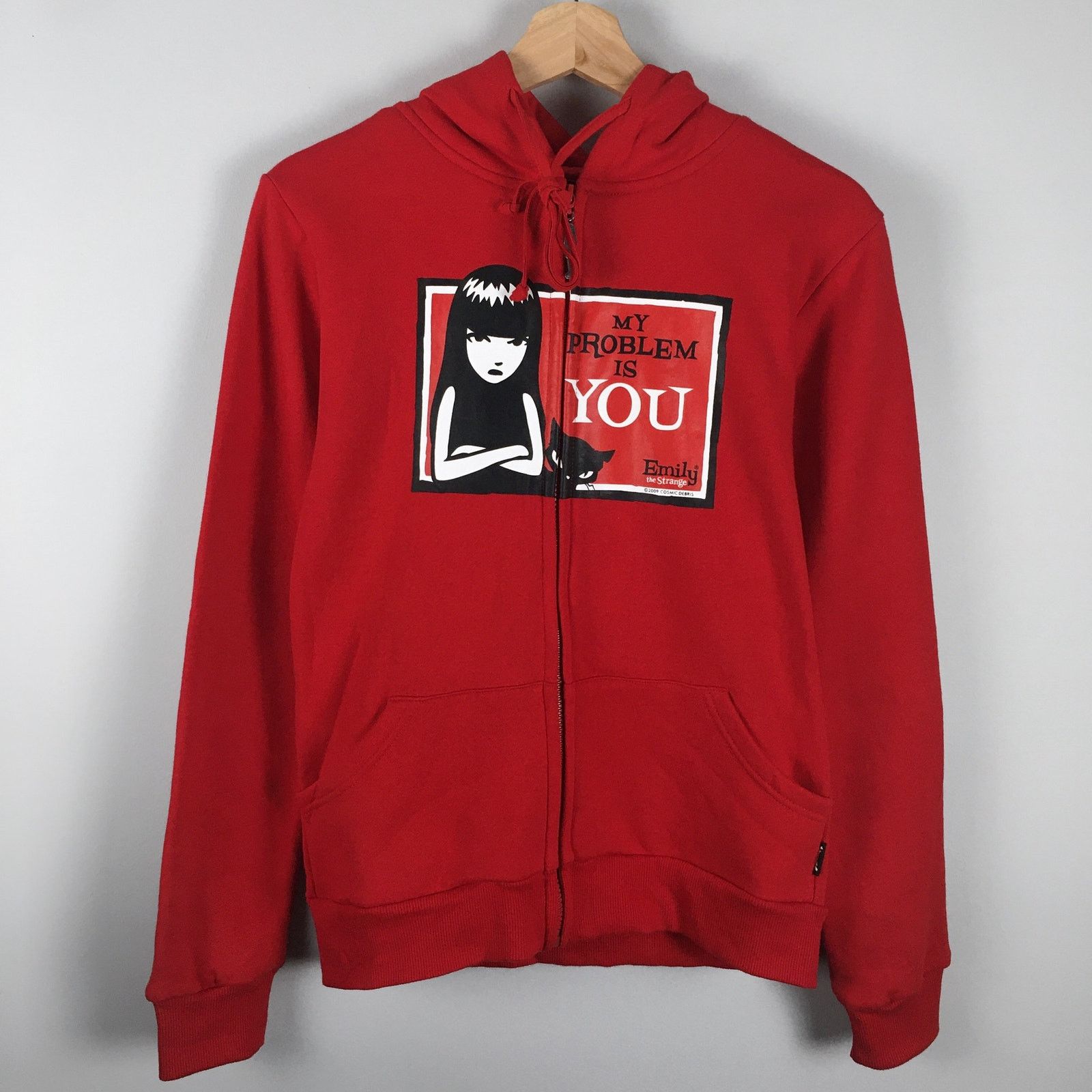 image of NWT 2009 Emily The Strange Zip Hoodie Sweatshirt Mall Goth in Red, Women's (Size Small)