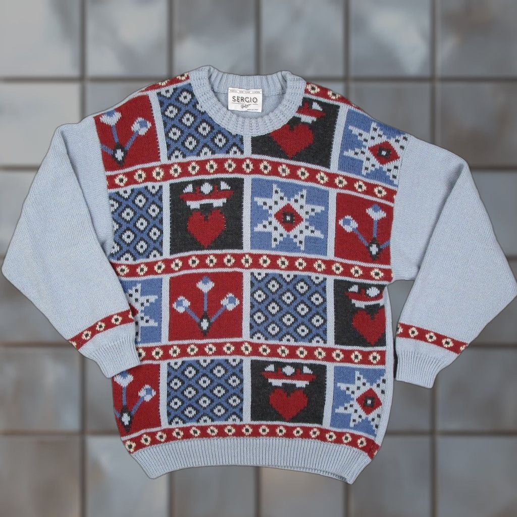 Vintage VINTAGE Sergio Sweater Mens Medium Blue Heart Fair Isle Knit Wool Italy 90s Size US M / EU 48-50 / 2 - 1 Thumbnail