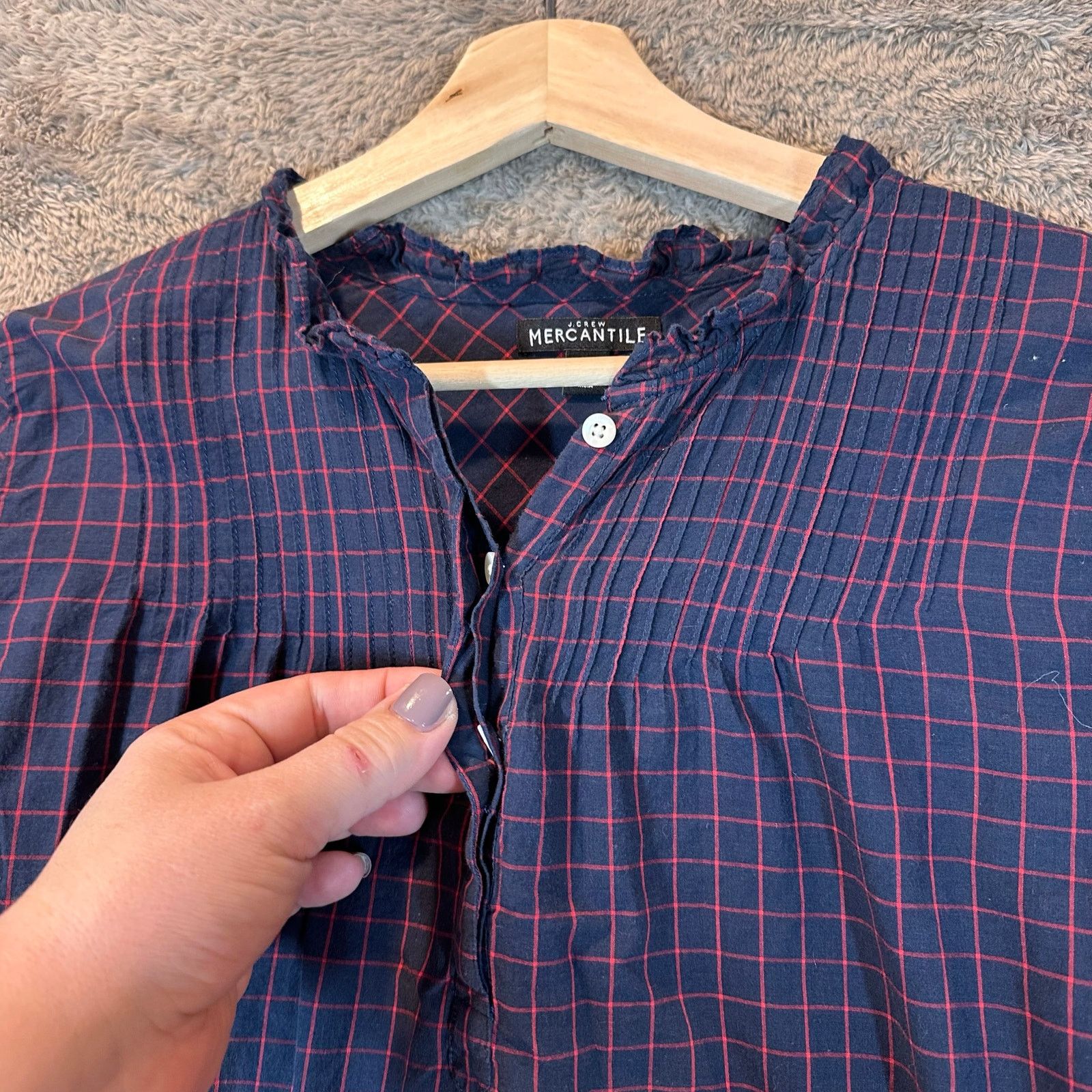 J.Crew J. Crew Blue Red Windowpane Pintuck Popover Top Shirt 0 XS Size XS / US 0-2 / IT 36-38 - 3 Thumbnail