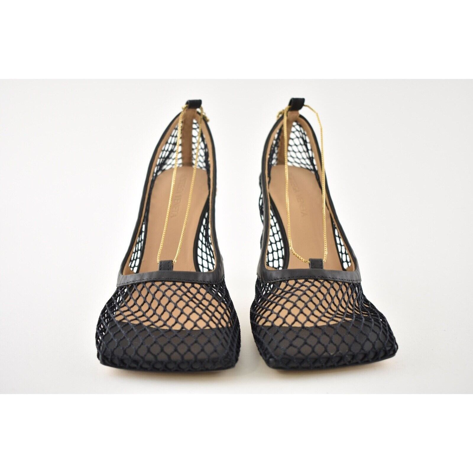 Bottega Veneta Net Mesh Leather Square Toe Gold Chain Sandal Heel Pump 38 Size US 8 / IT 38 - 6 Thumbnail