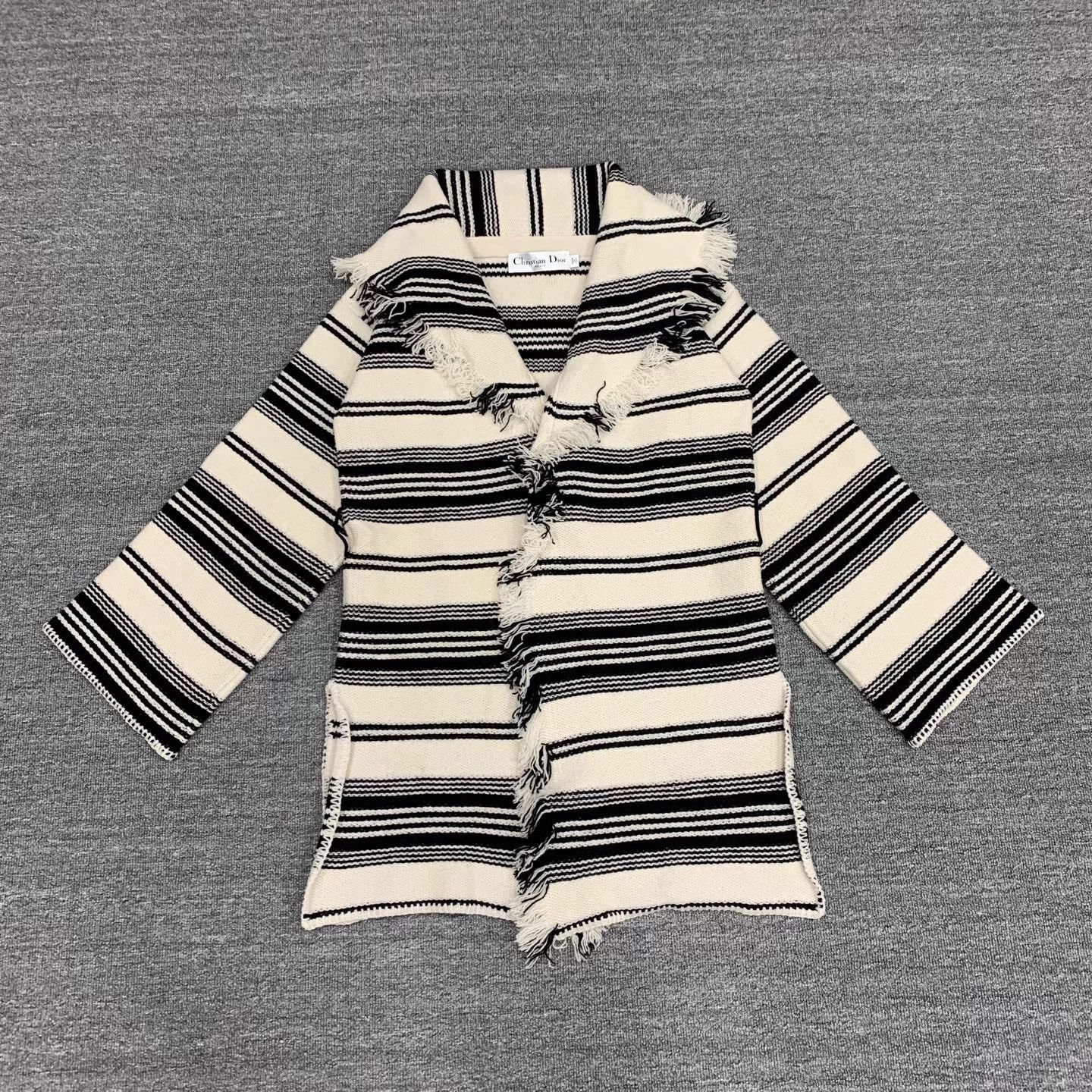 Dior Dior Black White Stripe Wool Fringe Cardi Shawl 36 Size XS / US 0-2 / IT 36-38 - 1 Thumbnail