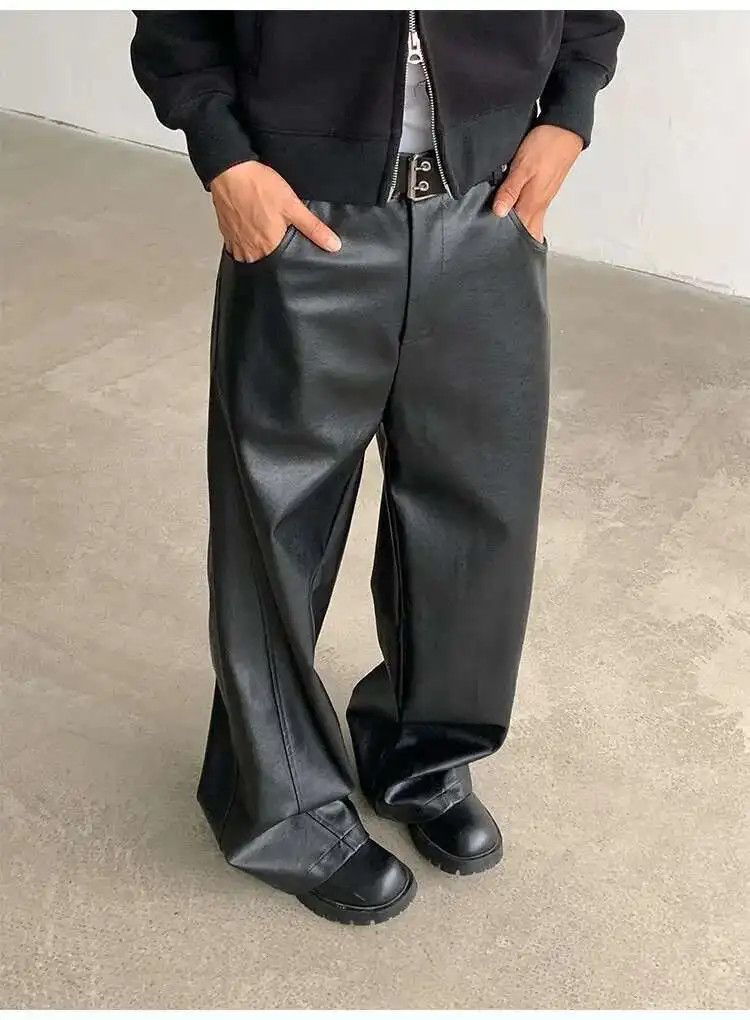 Japanese Brand Streetwear Casual Pu Leather Straight Wide Leg Trousers Size US 33 - 1 Thumbnail
