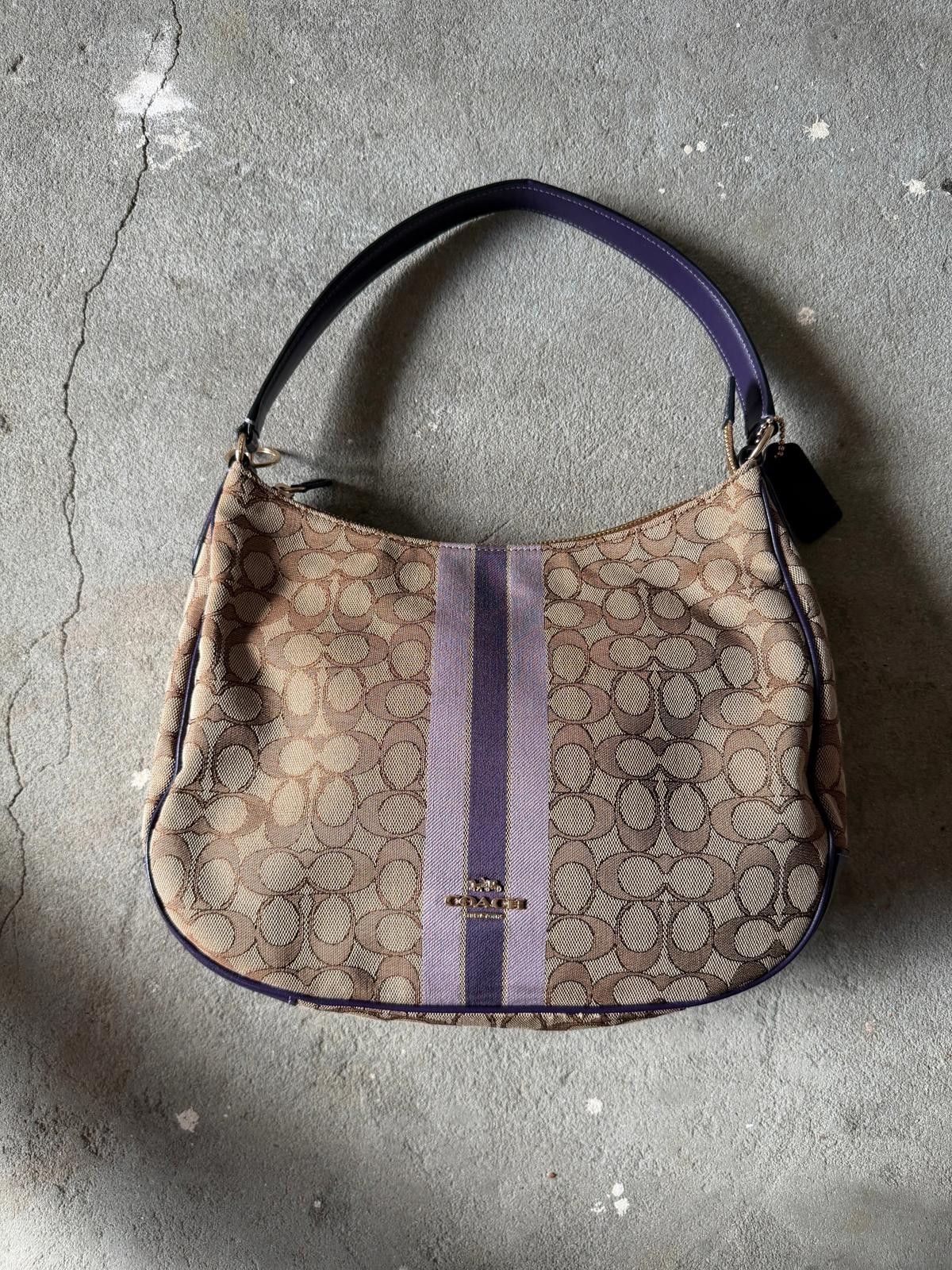 Coach Coach Signature Hobo Stripe Canvas Shoulder Bag Beige/Purple Size ONE SIZE - 1 Thumbnail