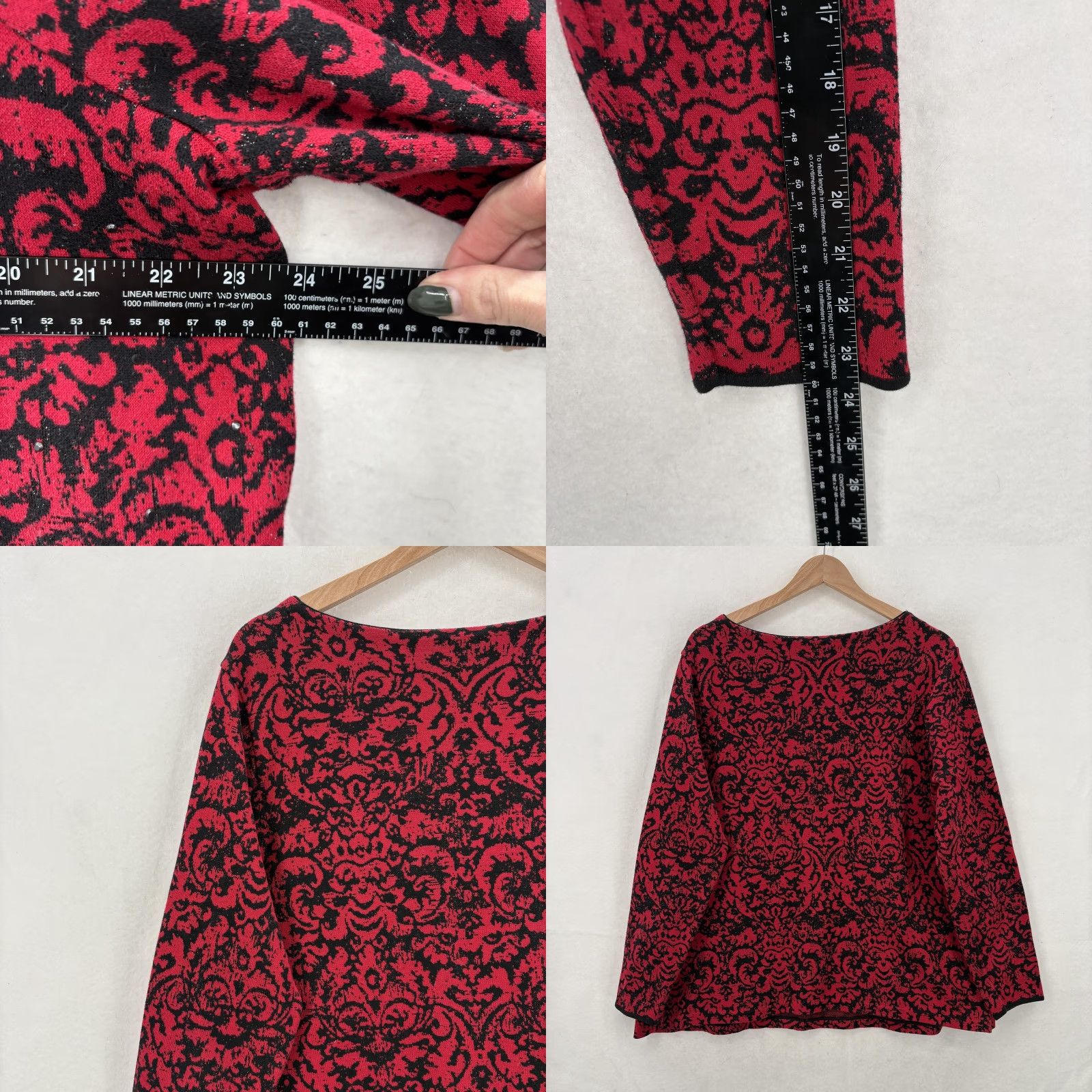 J. Jill J. Jill Sweater Womens 2X Red Black Jacquard Damask Print Long Sleeve Pullover Shirt/ Sweater Size XXL / US 16-18 / IT 52-54 - 8 Thumbnail