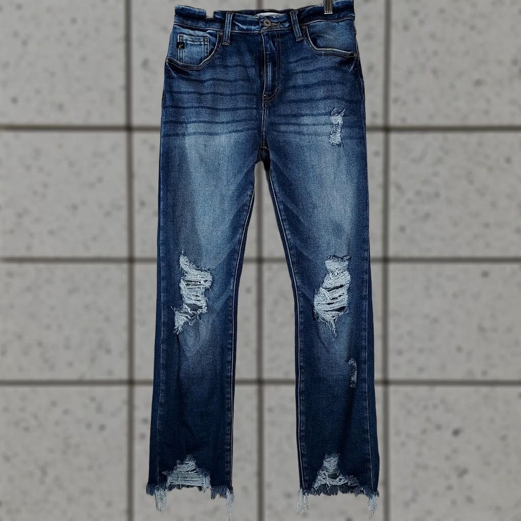 Vintage KanCan Jeans 27 Medium Wash Distressed Stretch Denim Jeans Raw Hem Women Regular Straight 5-Pocket Zip Size 27" / US 4 / IT 40 - 1 Thumbnail