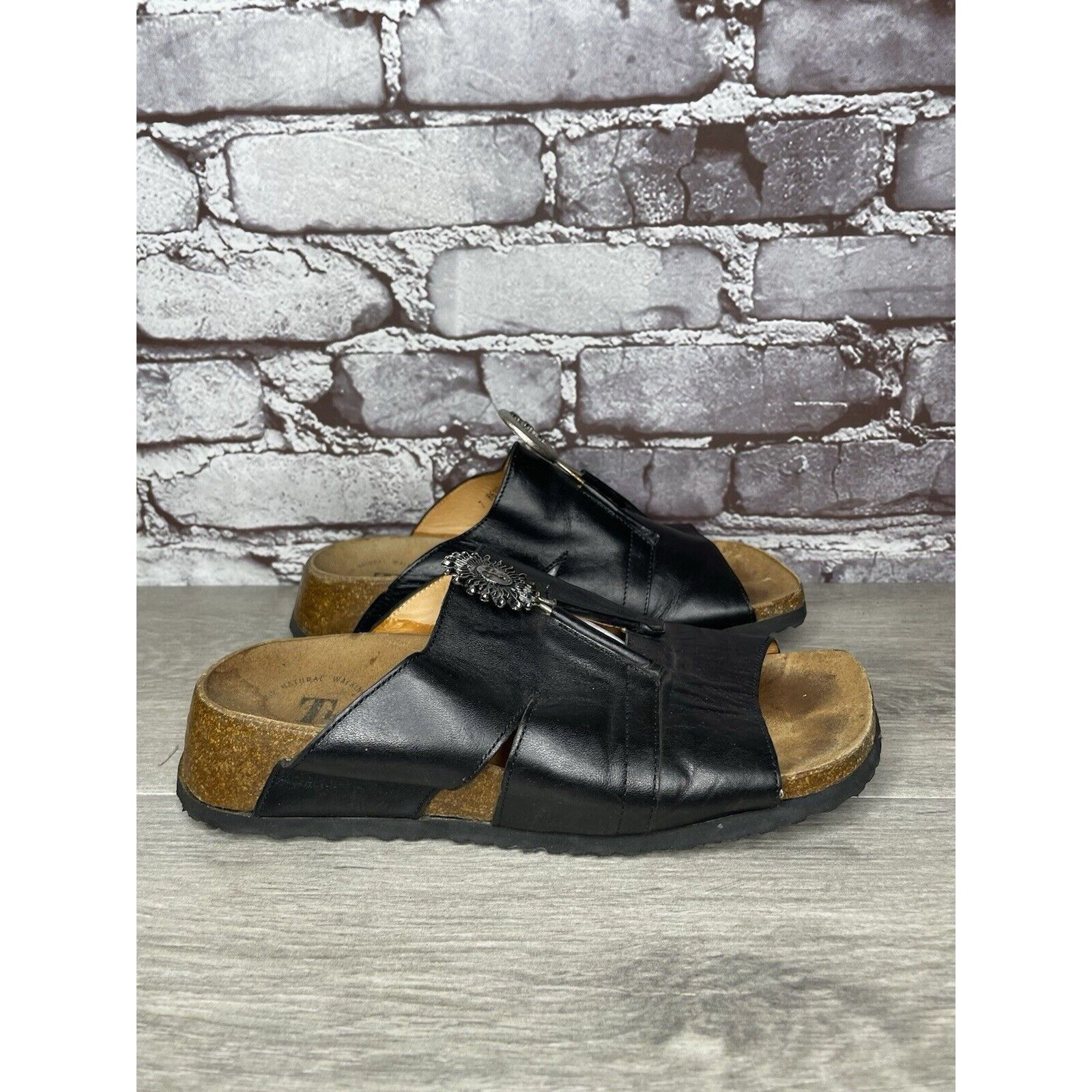 Other Think! Black Leather Cork Sun Moon Silver Wedge Sandals Wome Size US 6.5 / IT 36.5 - 3 Thumbnail