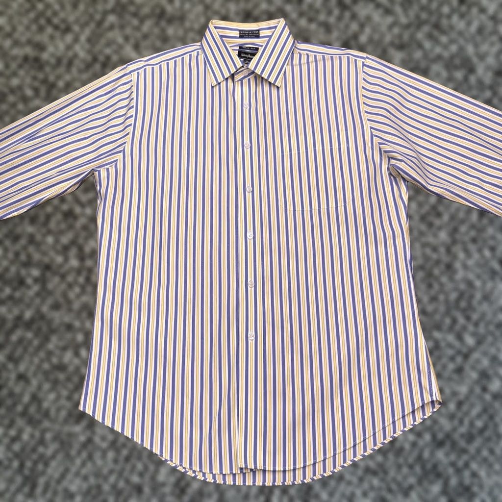 Neiman Marcus Neiman Marcus Shirt Mens 16 Slim Button Up Dress Shirt Yellow Striped 100% Cotton Wrinkle Resistant Size US L / EU 52-54 / 3 - 1 Thumbnail