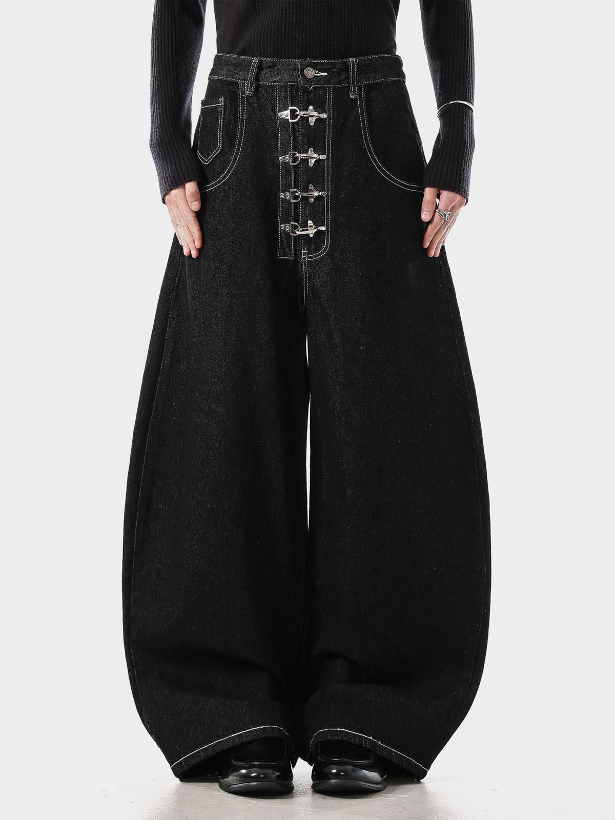 Japanese Brand Black Wide Leg Denim Jeans, Hook Closure Jeans Size US 32 / EU 48 - 3 Thumbnail