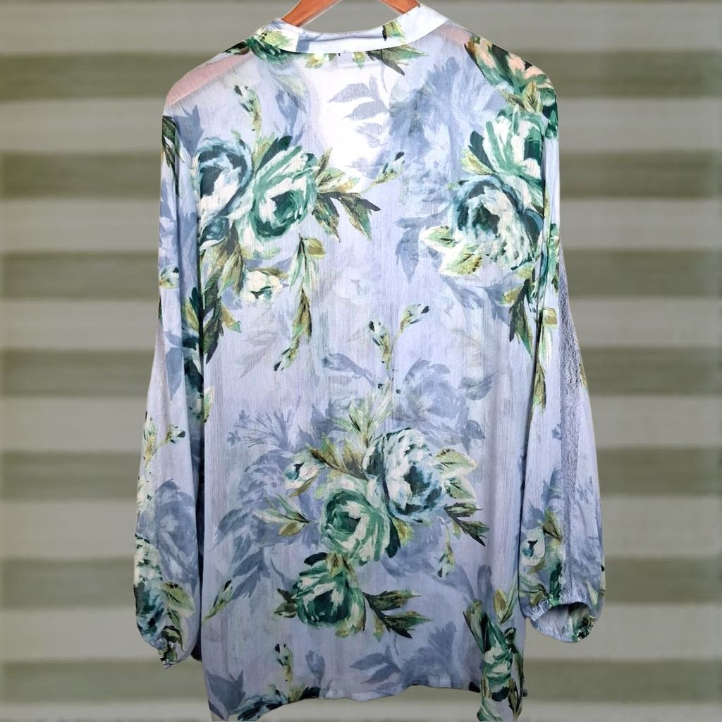 Vintage Susan Graver Blouse XL Blue Peony Floral Long Sleeve Semi Sheer Lace Pleated Womens Blouse Size XL / US 12-14 / IT 48-50 - 1 Thumbnail