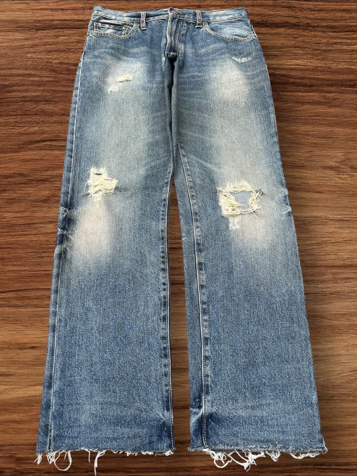 Vintage Japanese Brand GU Distress Frayed Leg Blue Wash Jean