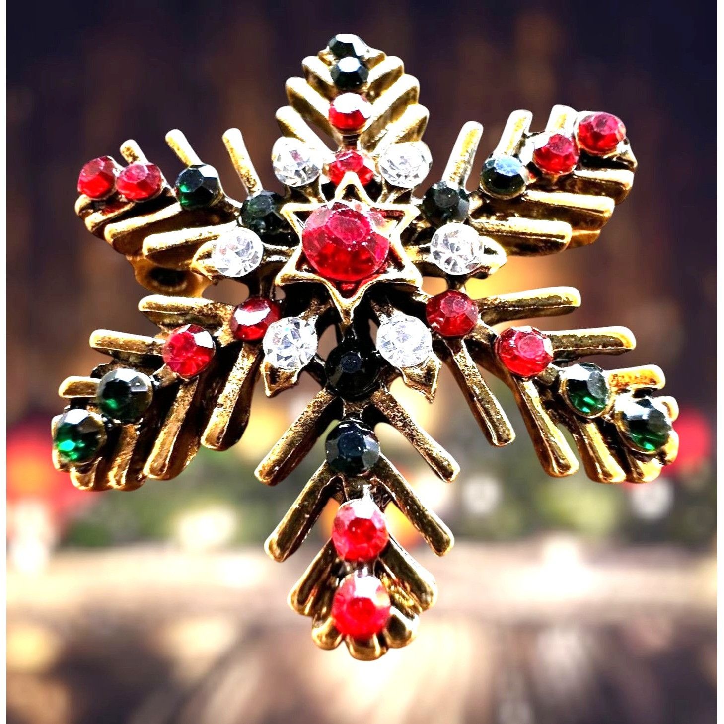 Handmade Christmas Snowflake Brooch Pin Star Red Green Crystal Accent Size ONE SIZE - 8 Thumbnail