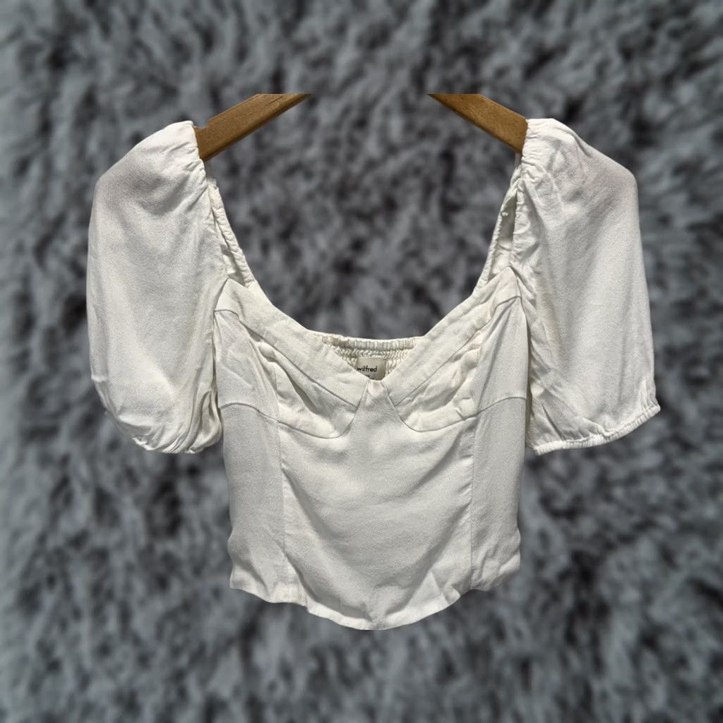 Aritzia WILFRED Novella White Puff Sleeve Top XXS ARITZIA Sweetheart Crop Smocked Back Womens Size XXS / US 00 / IT 34 - 1 Thumbnail