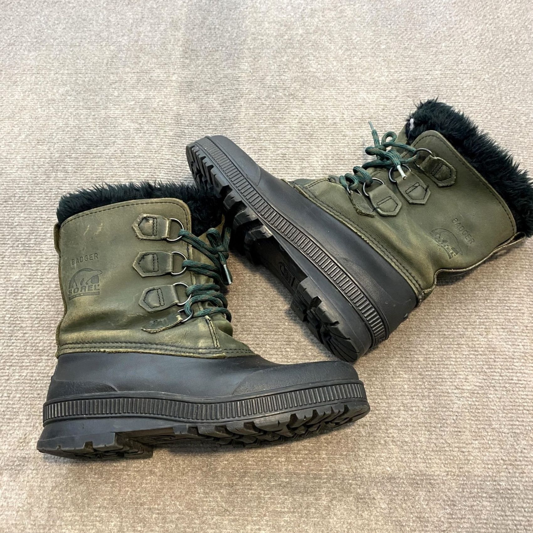 Sorel Badger Snow Boots Womens 9 Green Leather Waterproof 