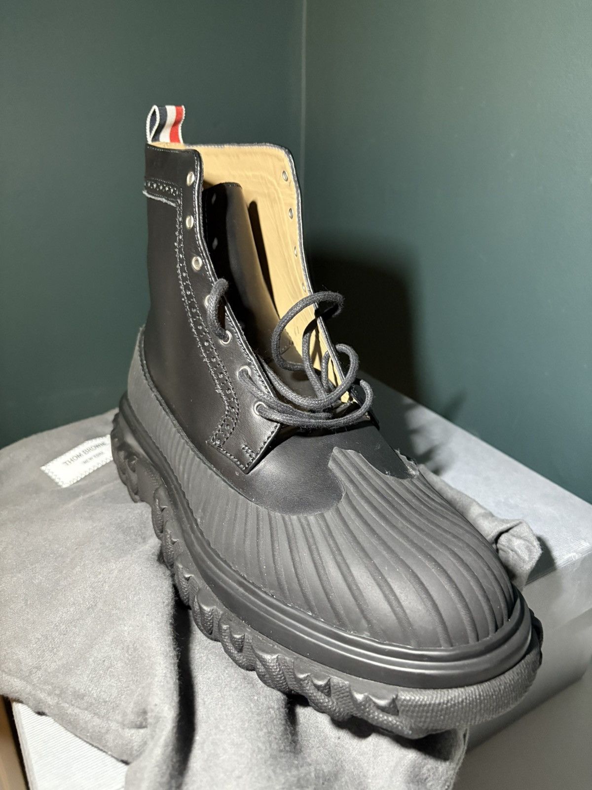 Thom Browne BLACK CALF LEATHER RUBBER SOLE LONGWING DUCK BOOT Size US 12 / EU 45 - 3 Thumbnail
