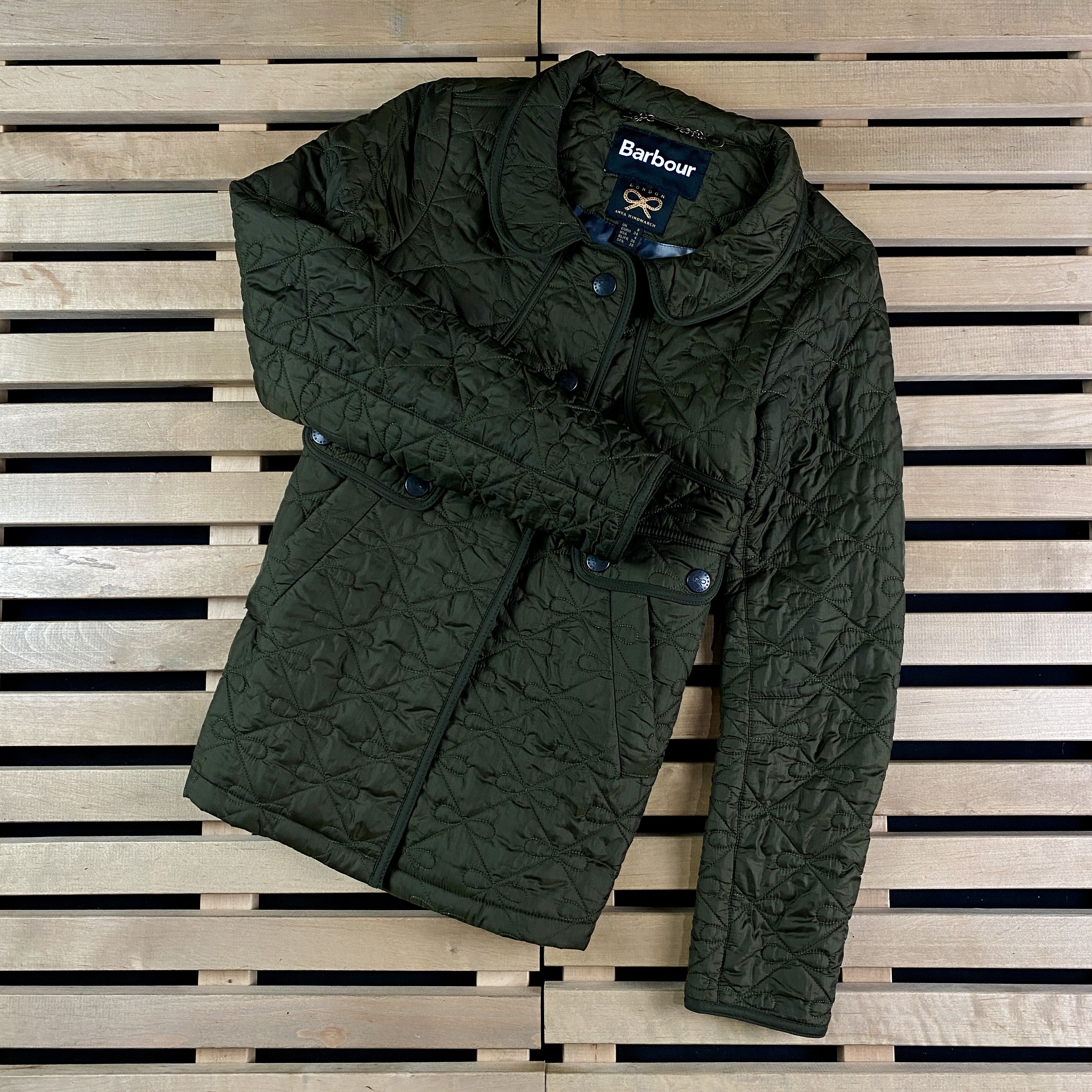 image of Women’S Quilted Bomber Jacket Barbour Anya Hindmarch Size 8 in Green, Women's