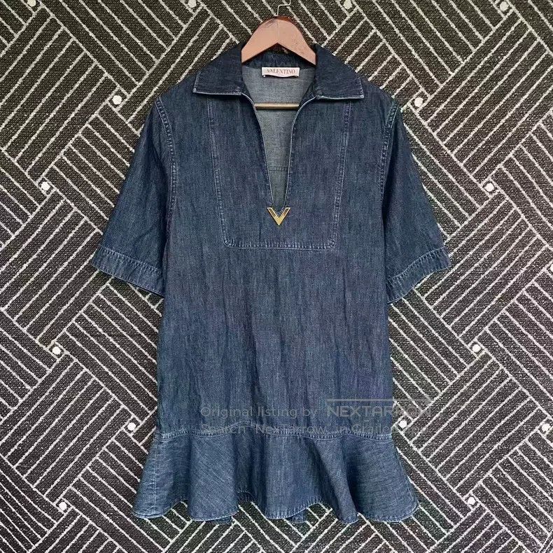Valentino Valentino Solid color V-neck pleated denim short-sleeved d Size XS / US 0-2 / IT 36-38 - 1 Thumbnail