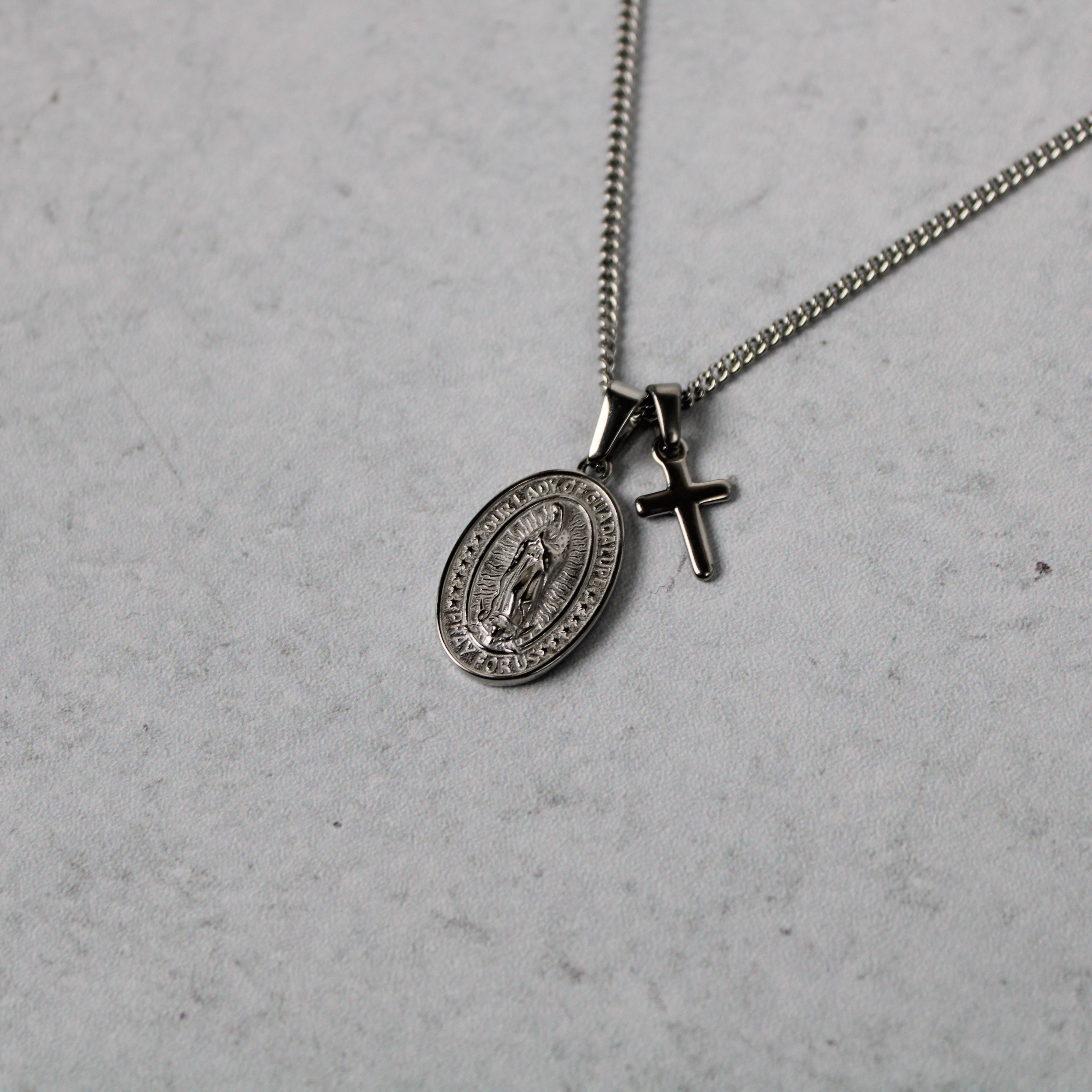 Jewelry Silver Lady of Guadalupe and Mini Cross Pendant Necklace Set Size ONE SIZE - 4 Thumbnail
