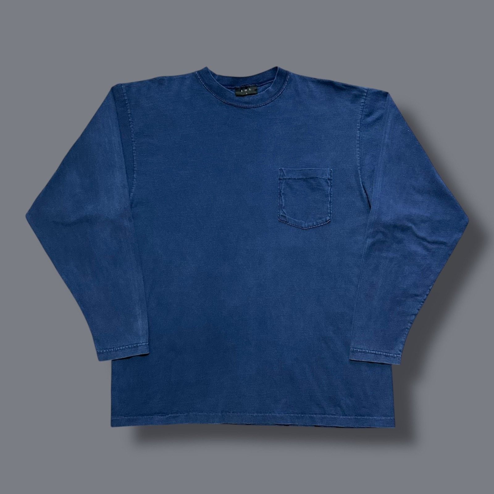 Vintage Blank Shirt Long Sleeve Faded Blue Pocket Tee Large