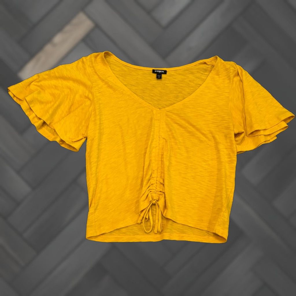 Express Express Blouse Womens M Yellow Short Sleeve Ruched Drawstring Front Regular Fit Bell Sleeve Shirt Size M / US 6-8 / IT 42-44 - 1 Thumbnail