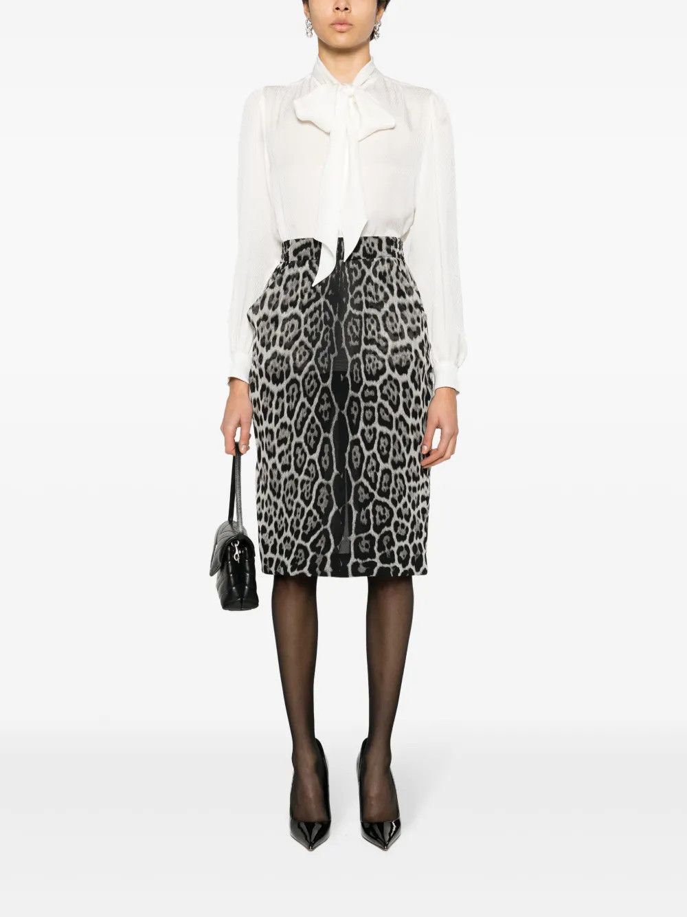 Saint Laurent Paris o1y0126 Leopard-Print Midi Skirt in Light Gray/Black Size 32" / US 10 / IT 46 - 4 Thumbnail
