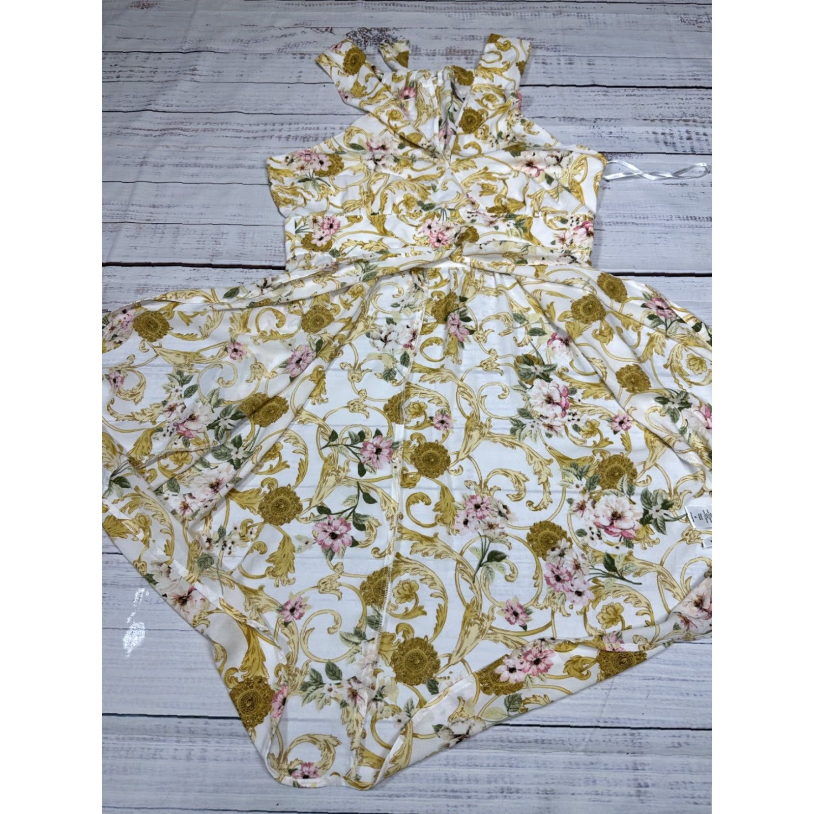 Vintage SOHO White Gold Floral Halter Dress Sleeveless Knee Length Party Cocktail M Womens NWT Size M / US 6-8 / IT 42-44 - 6 Thumbnail