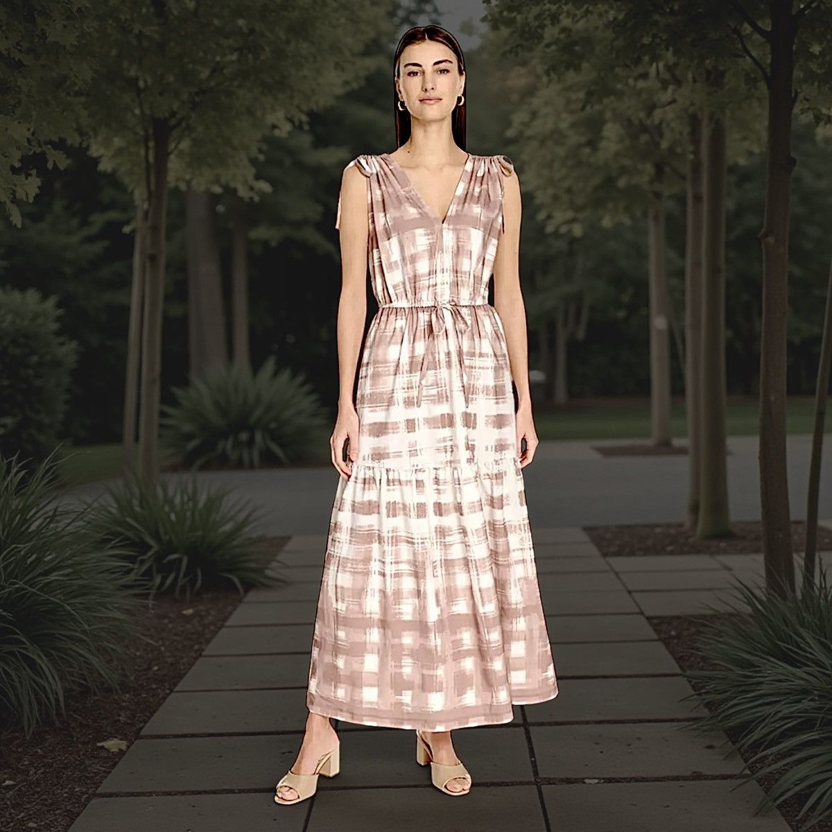 Calvin Klein Calvin Klein Women’s Tan Printed V-Neck Maxi Dress Sz M Size M / US 6-8 / IT 42-44 - 1 Thumbnail